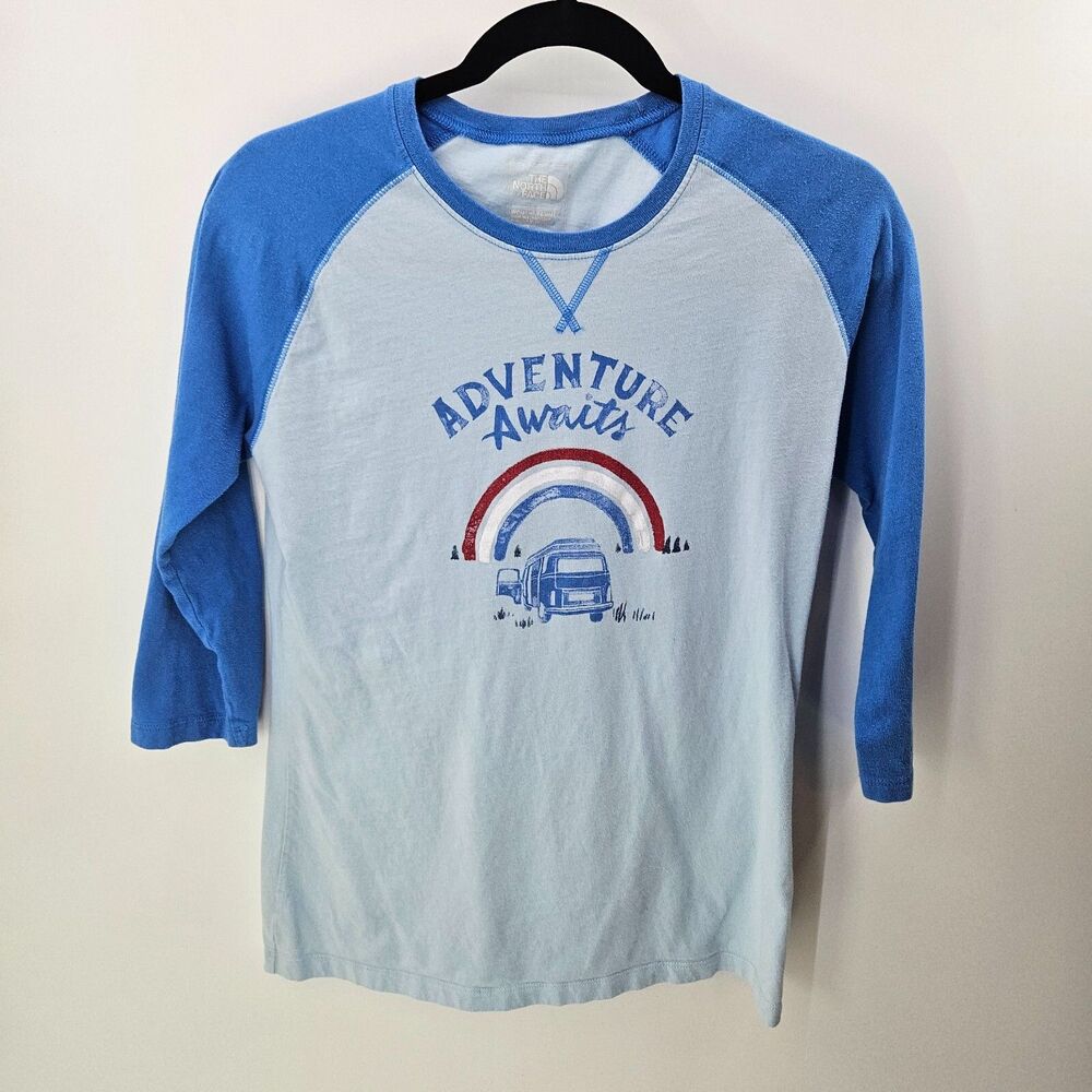 North Face Women's Baseball Tee  Adventure Awaits Van Life Rainbow Retro Blue